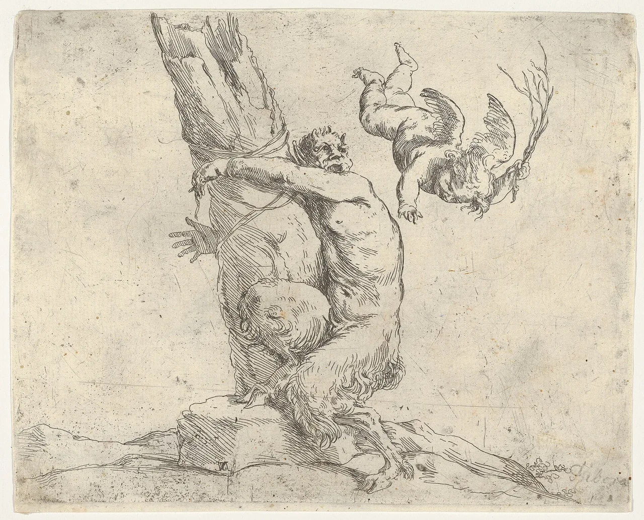 A winged putto flogging a satyr tied to a tree MET DP836419